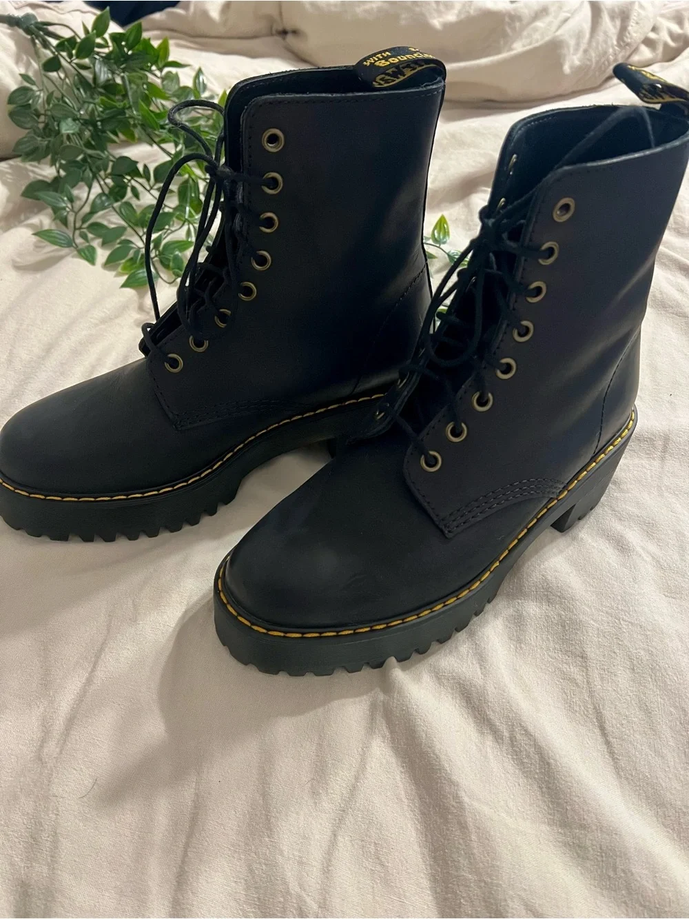 Dr. Martens Black Lug Platform Lace-Up Boots with Yellow Stitching - Picture 4 of 6